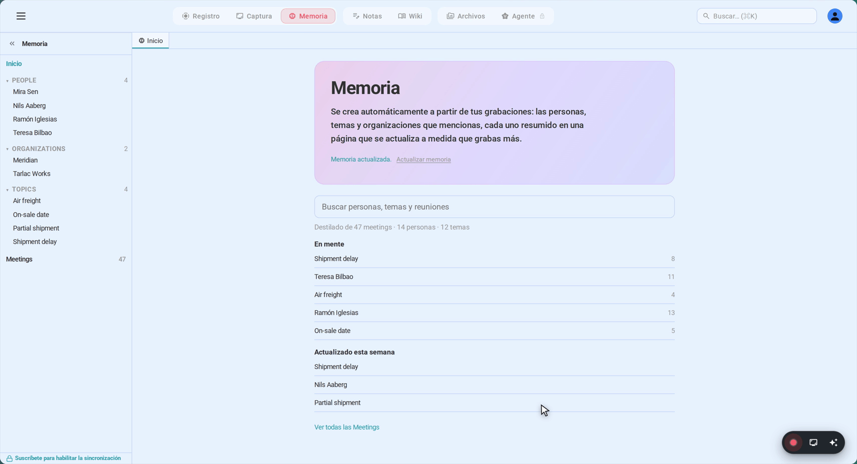 Memoria de Reuniones: personas, organizaciones, temas