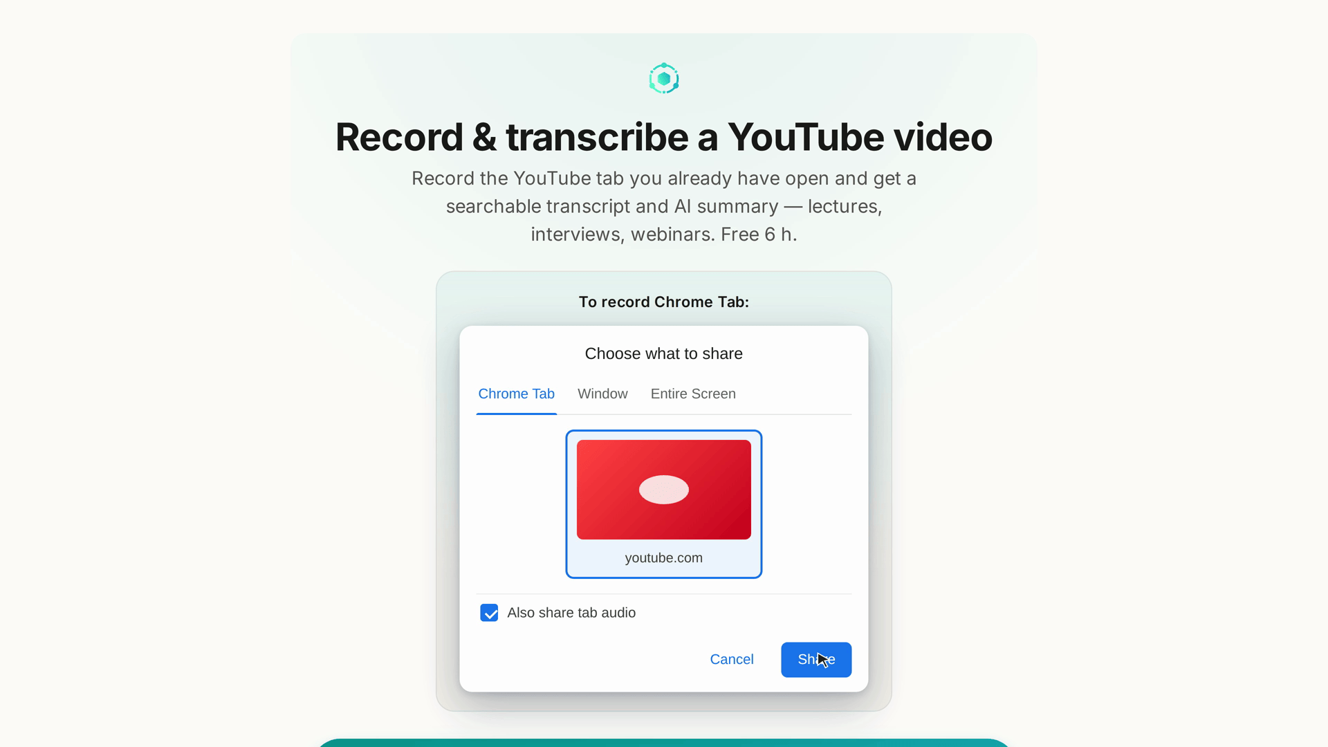 The share-picker walkthrough on the YouTube page: which tab to pick, with tab audio on