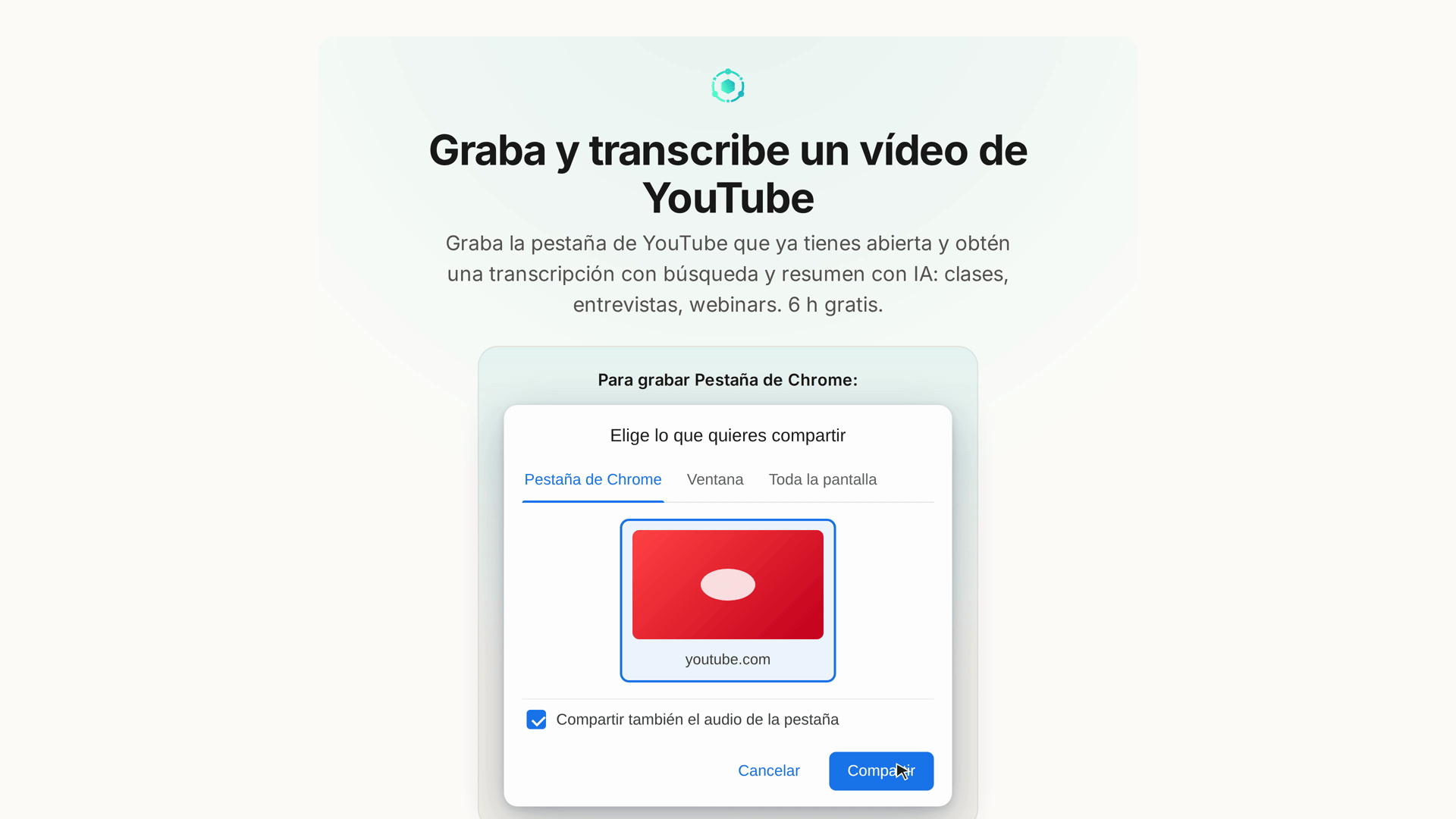 El tutorial del selector de compartir en la página de YouTube: qué pestaña elegir, con el audio de la pestaña activado