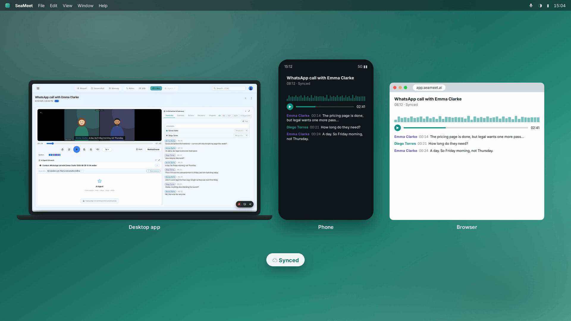 SeaMeet across surfaces — the same recording on the desktop app, a phone and the browser