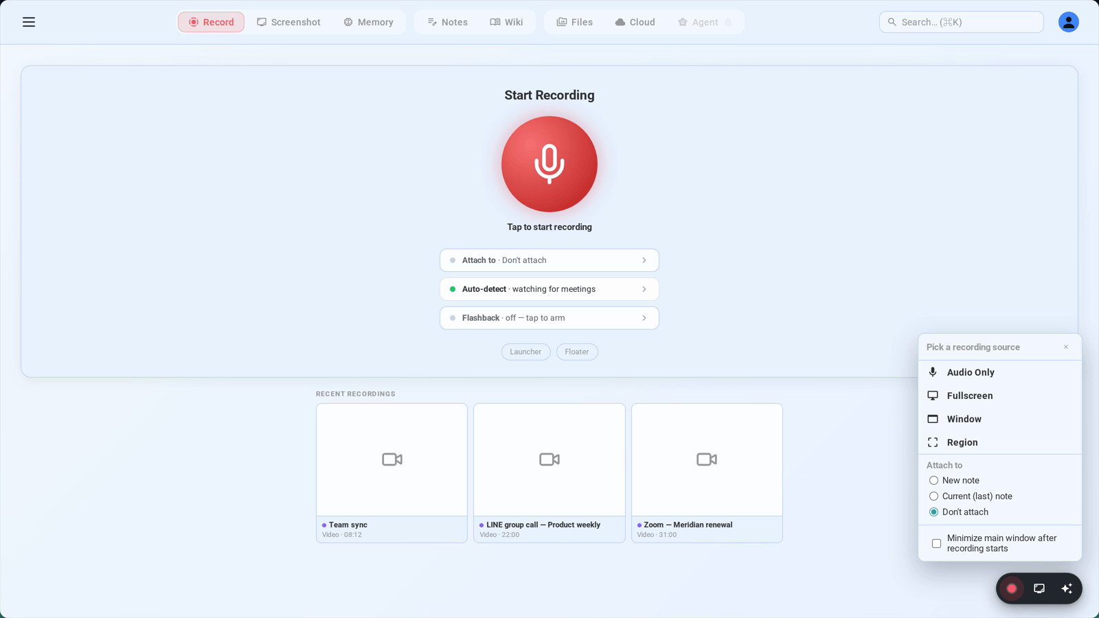 Choosing what to record: audio only, the whole screen, one window, or a region