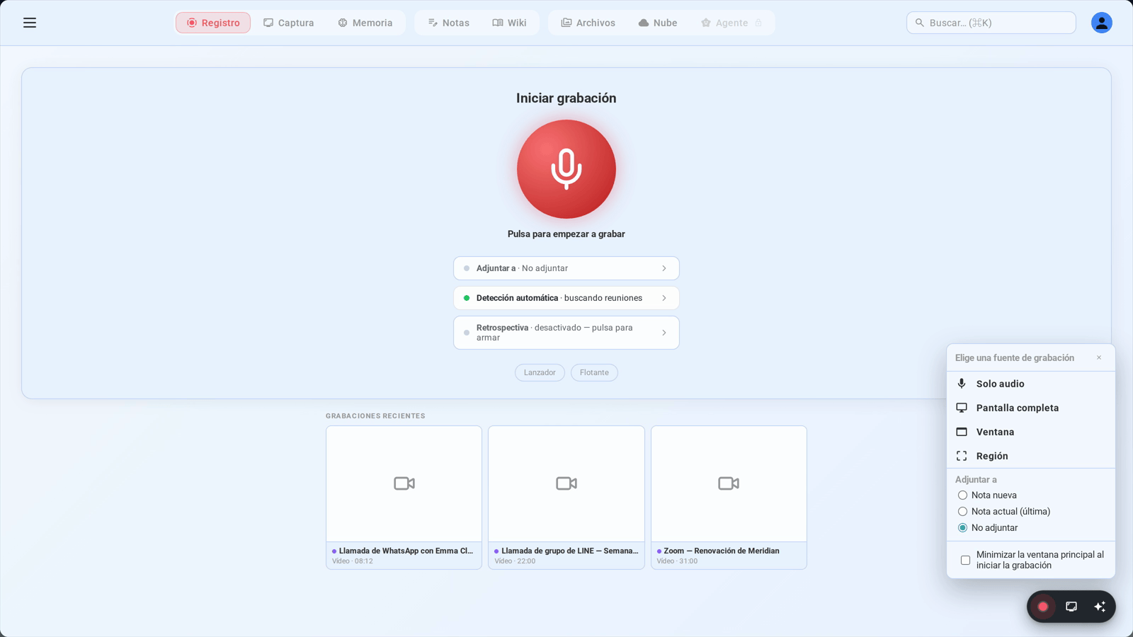 Elegir qué grabar: solo audio, toda la pantalla, una ventana o una región