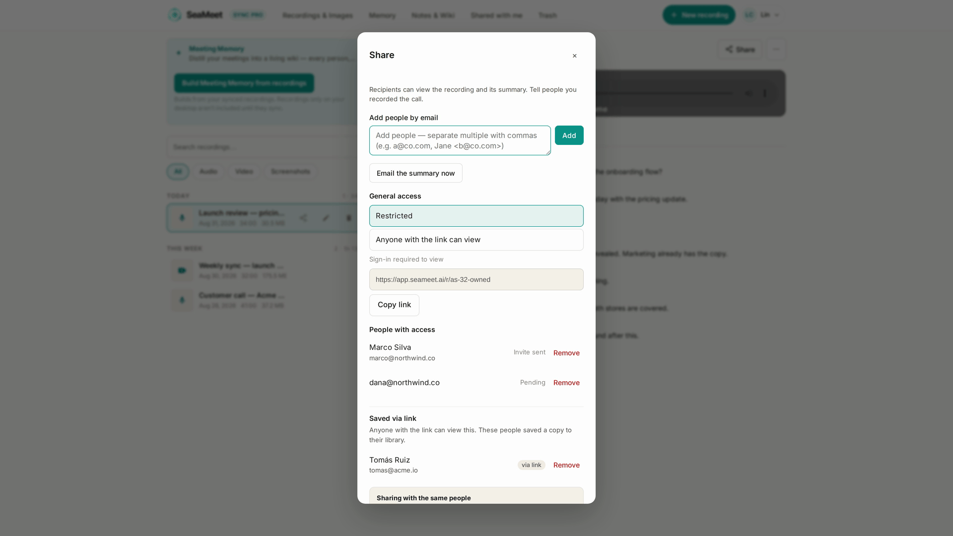 Straight after Stop: SeaMeet opens the share dialog itself, with the recording already saved