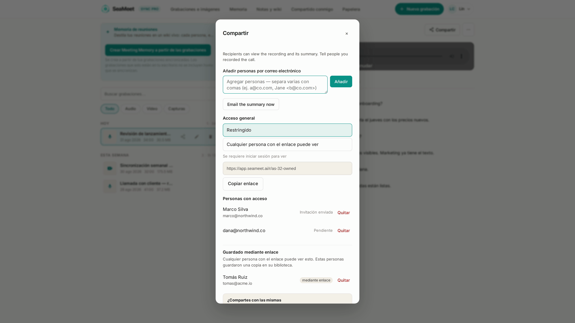 Justo después de parar: SeaMeet abre el diálogo de compartir por sí solo, con la grabación ya guardada