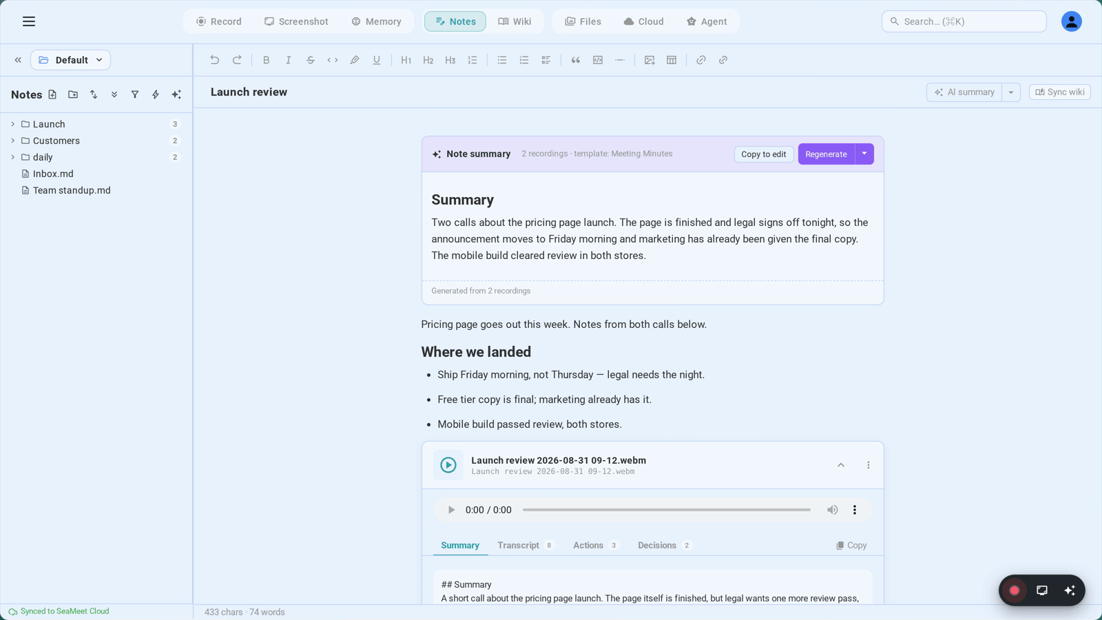 The AI summary written into the note itself, showing which recordings it was generated from