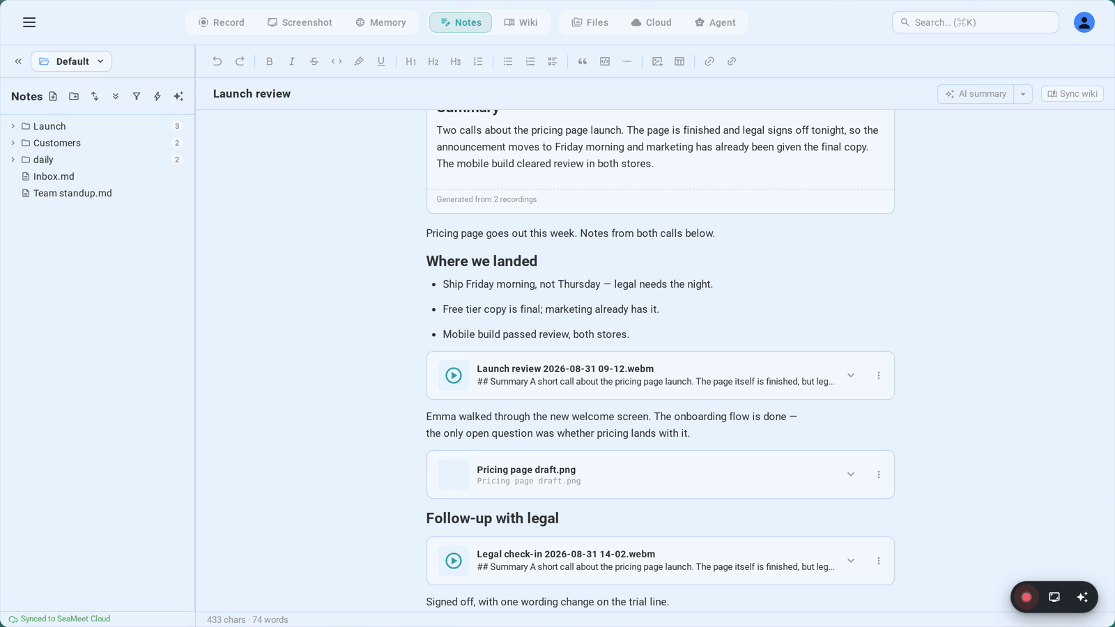The Notes tree beside an open note: folders you arrange, with the recordings and screenshots embedded in the page
