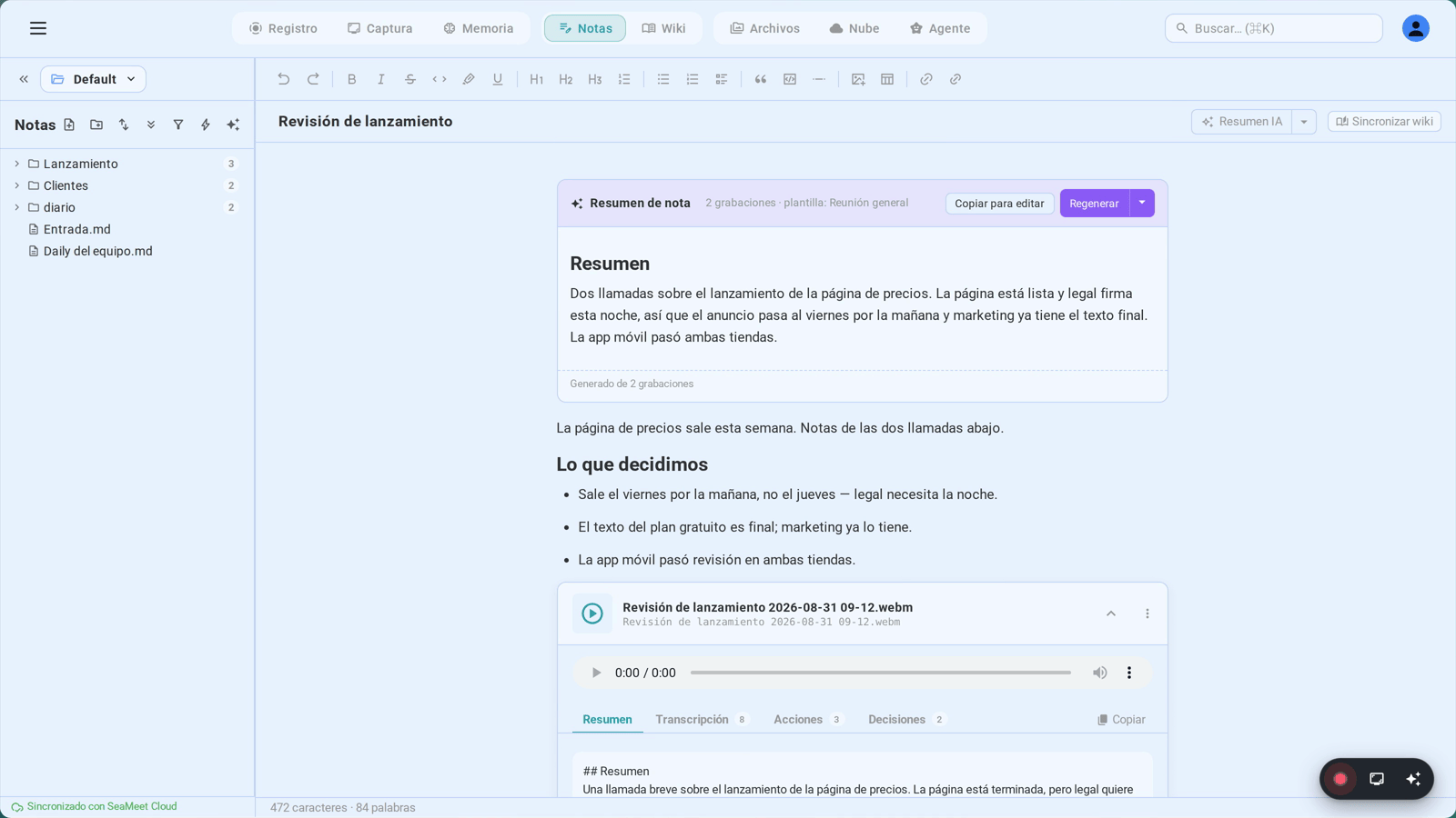 El resumen de IA escrito dentro de la propia nota, indicando de qué grabaciones se generó