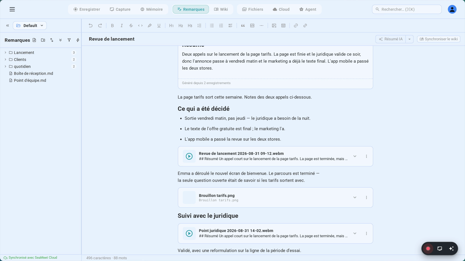 L’arborescence des notes à côté d’une note ouverte : vos dossiers, avec les enregistrements et captures intégrés dans la page