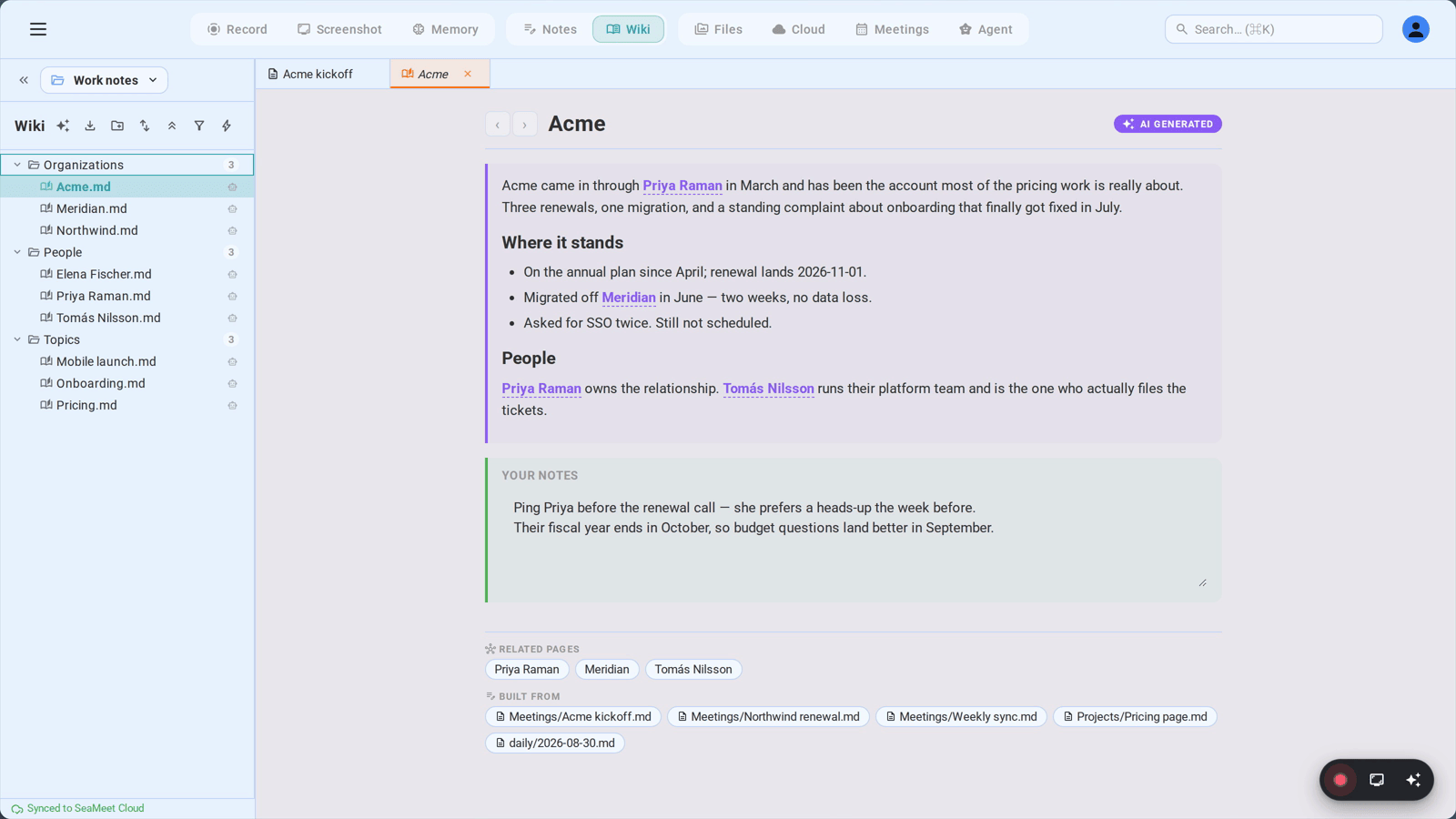 A wiki page SeaMeet wrote about a company, with the Built from row listing every note it was reduced from