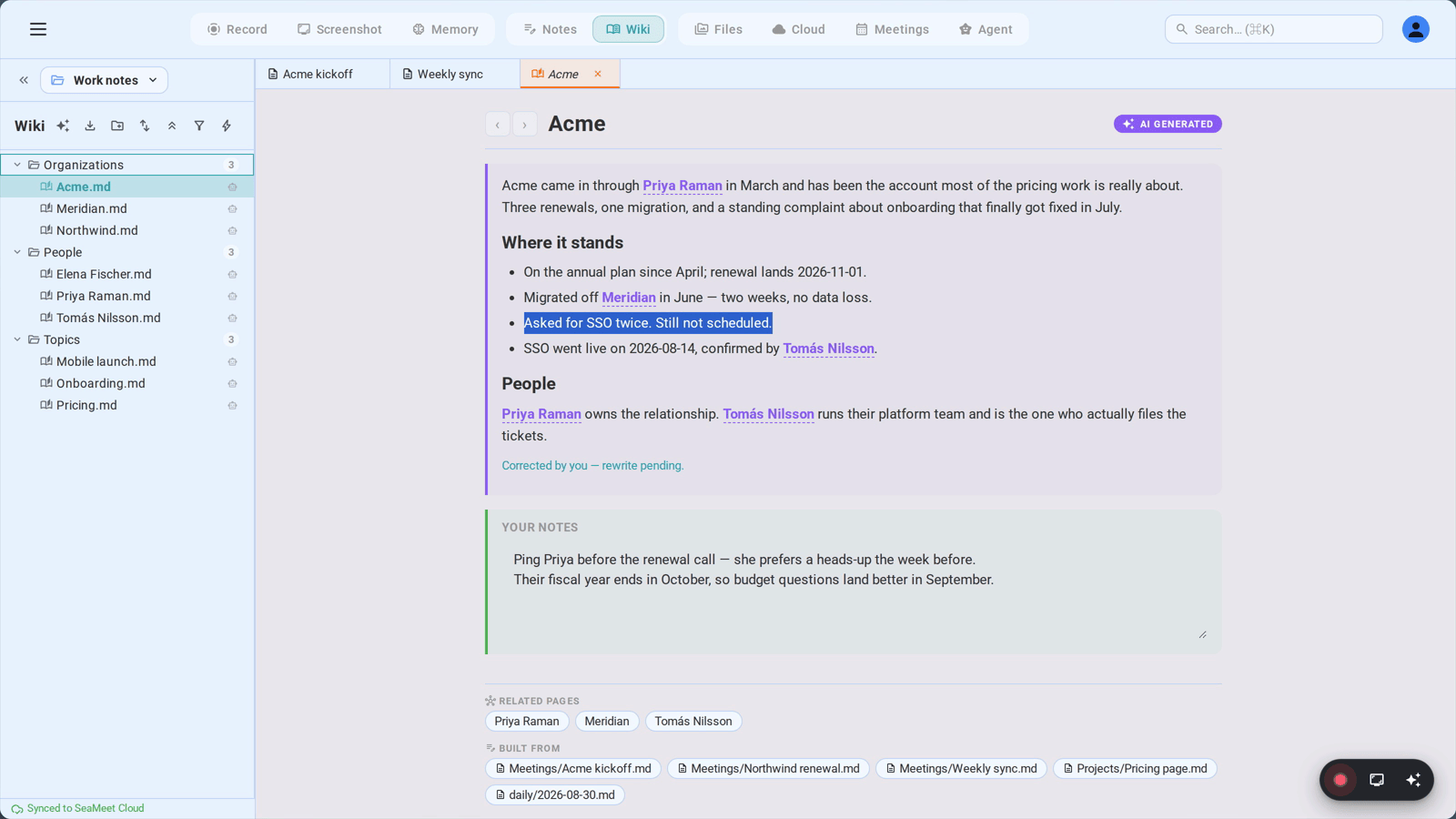 The two regions of a wiki page: the AI section marked as rewrite-pending after a correction, and Your notes below it, which the AI never touches