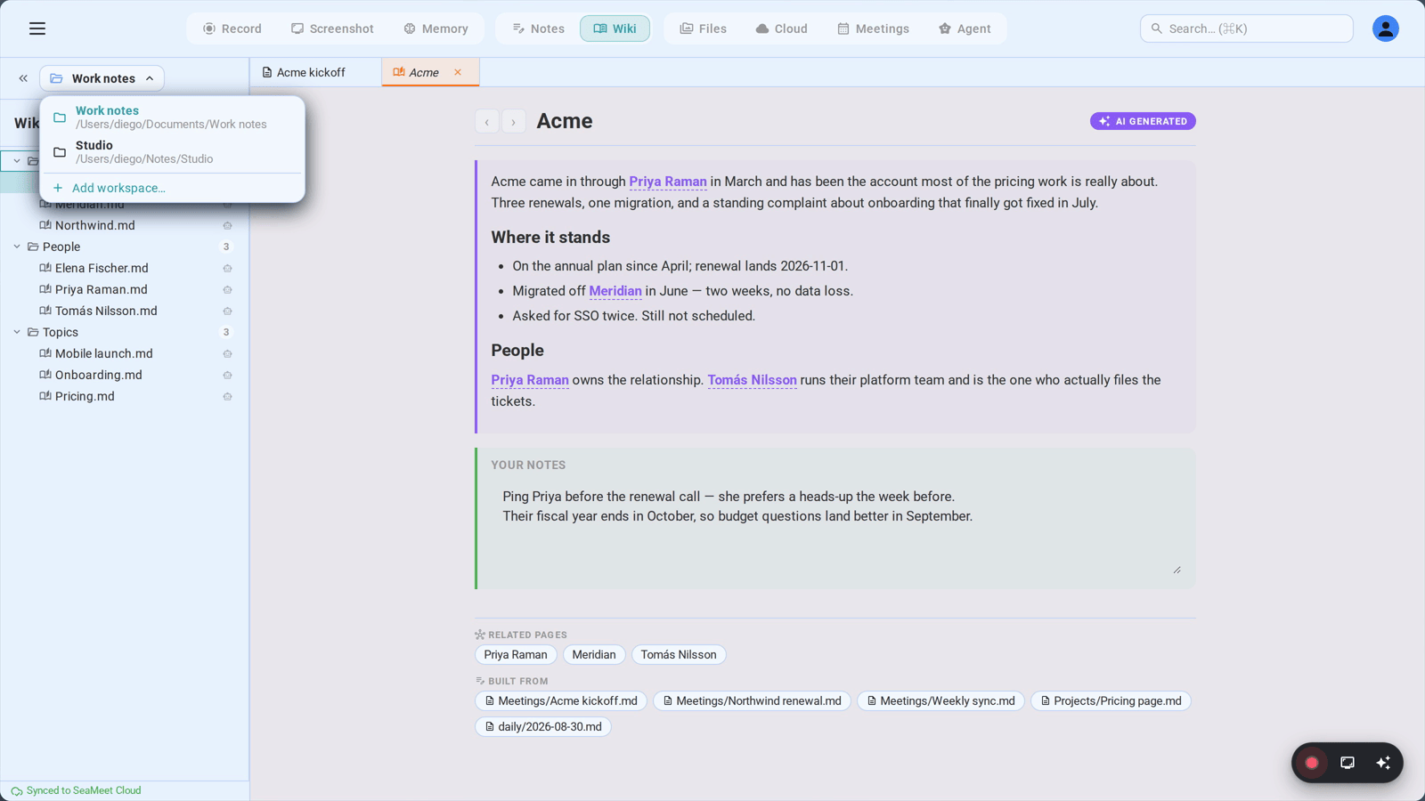 Two workspaces in the switcher, each with its own folder and its own wiki — work and a side project never share an index