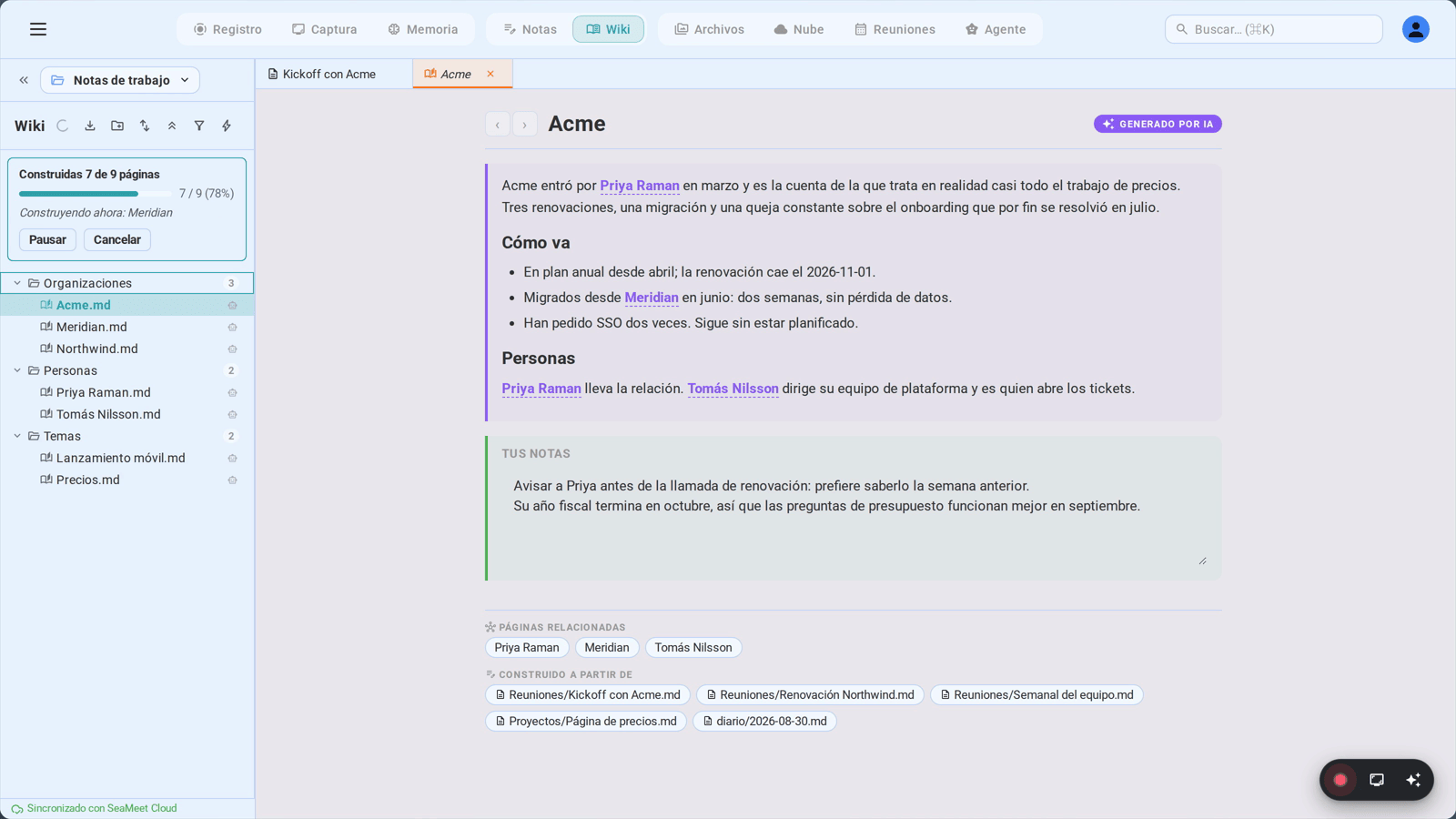 Construyendo la wiki desde una carpeta de notas: la barra de progreso avanza por el corpus mientras las páginas aparecen en el árbol de abajo