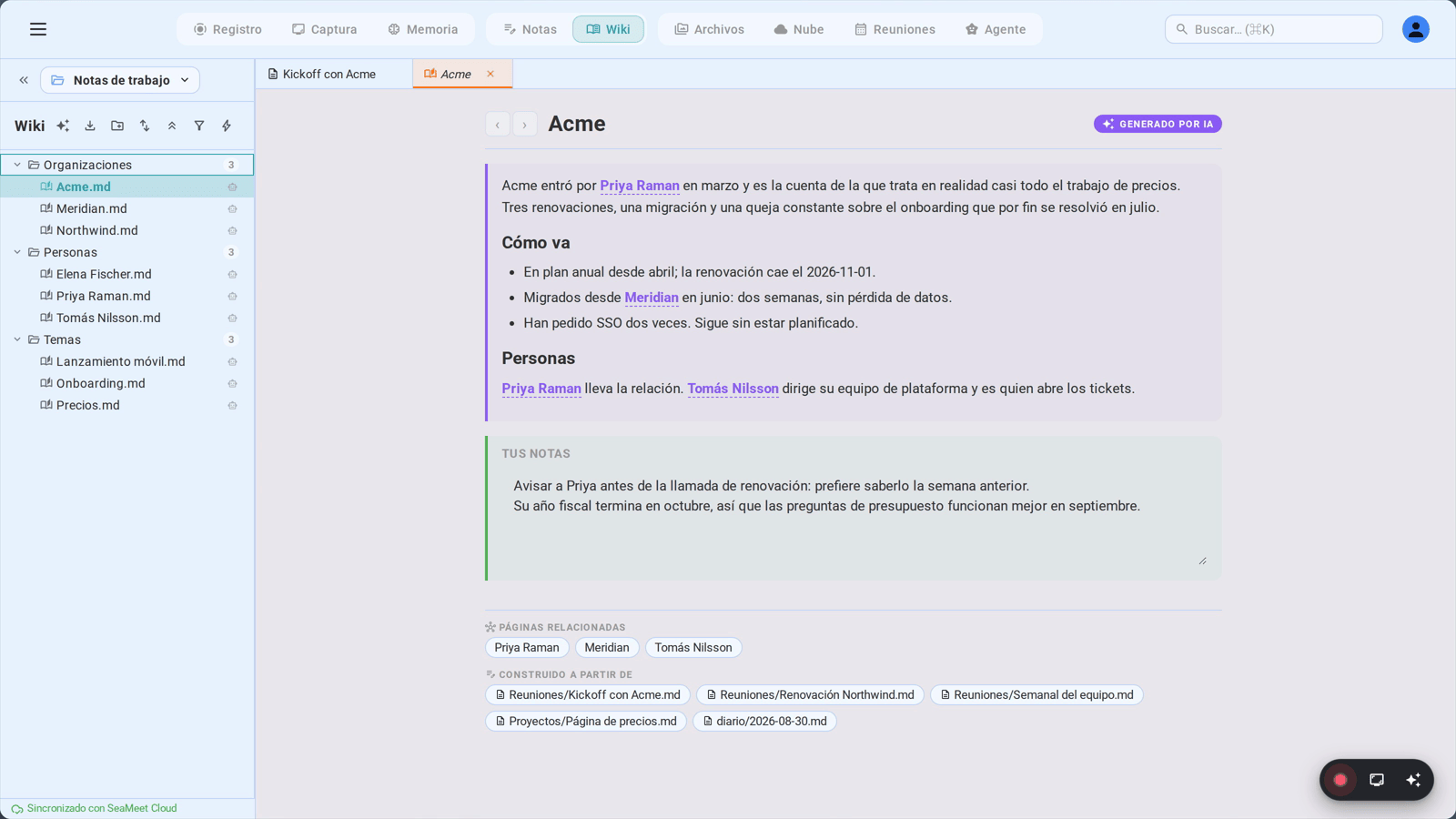 Una página de wiki que SeaMeet escribió sobre una empresa, con la fila «Construido a partir de» que lista todas las notas de las que salió