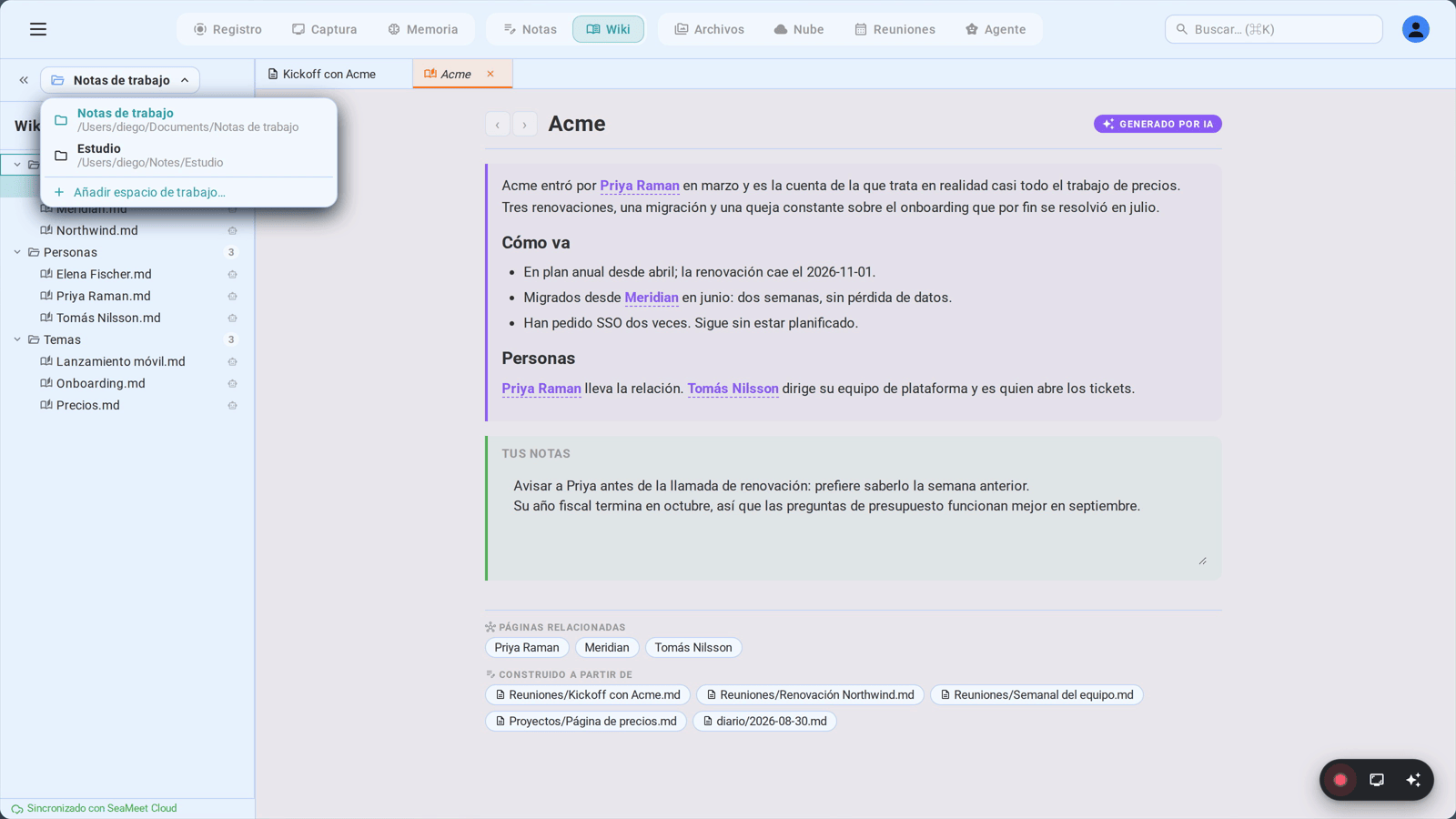 Dos espacios de trabajo en el selector, cada uno con su carpeta y su propia wiki: el trabajo y un proyecto personal nunca comparten índice