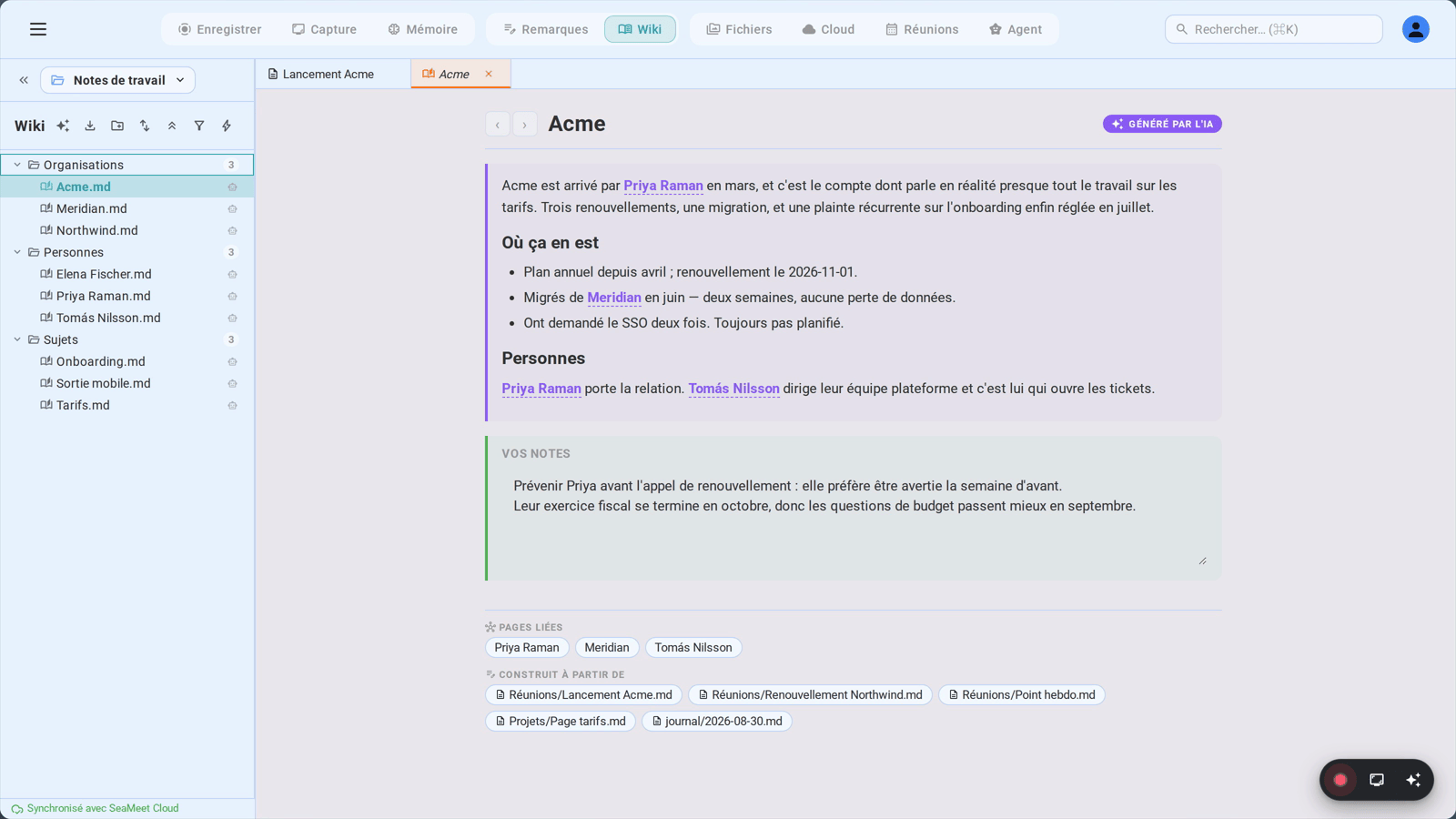 Une page de wiki écrite par SeaMeet à propos d’une entreprise, avec la ligne « Construit à partir de » qui liste toutes les notes dont elle est issue