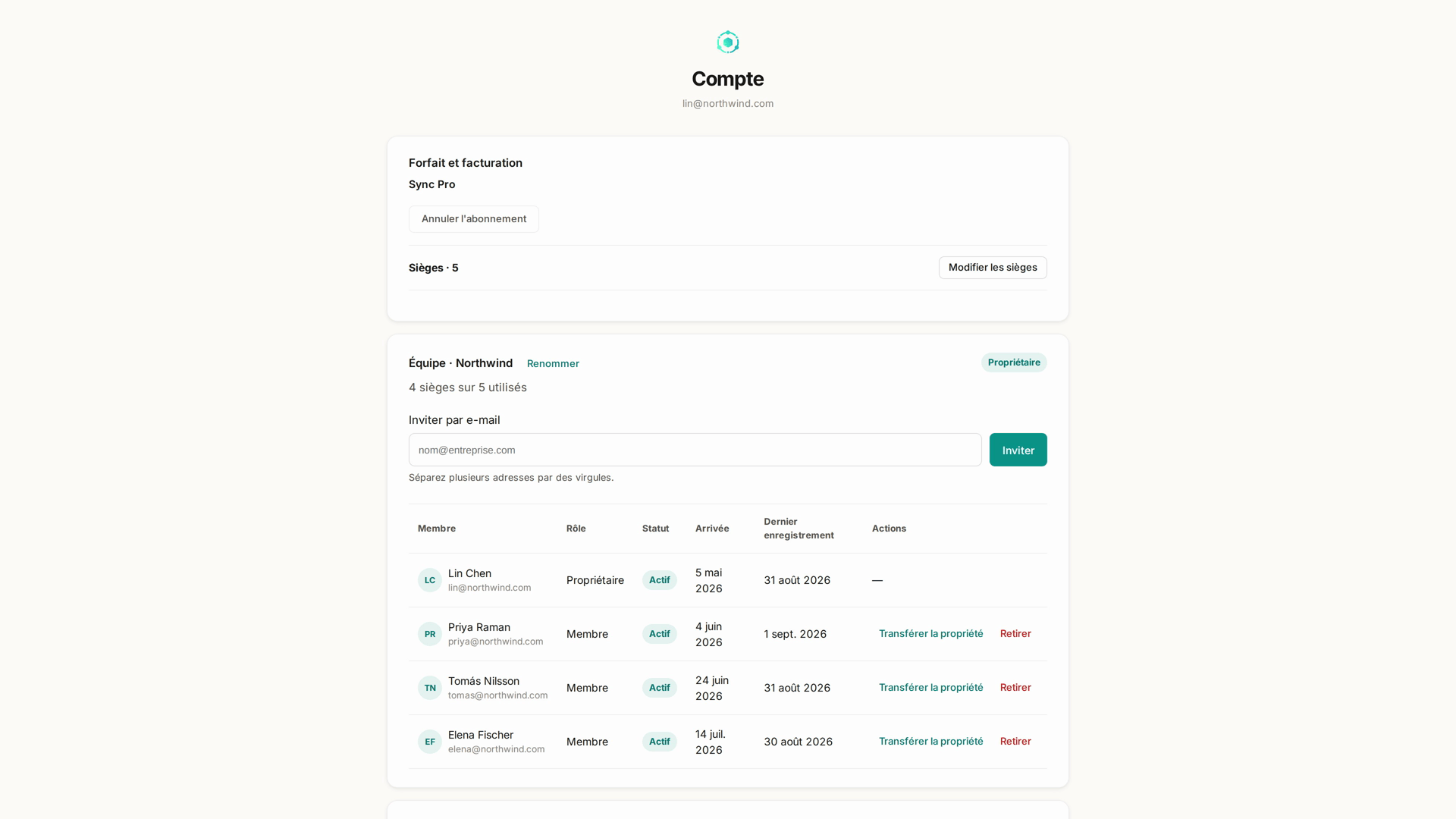 La section Équipe de la page de compte : sièges utilisés, invitation par e-mail, et chaque membre avec son rôle et son dernier enregistrement
