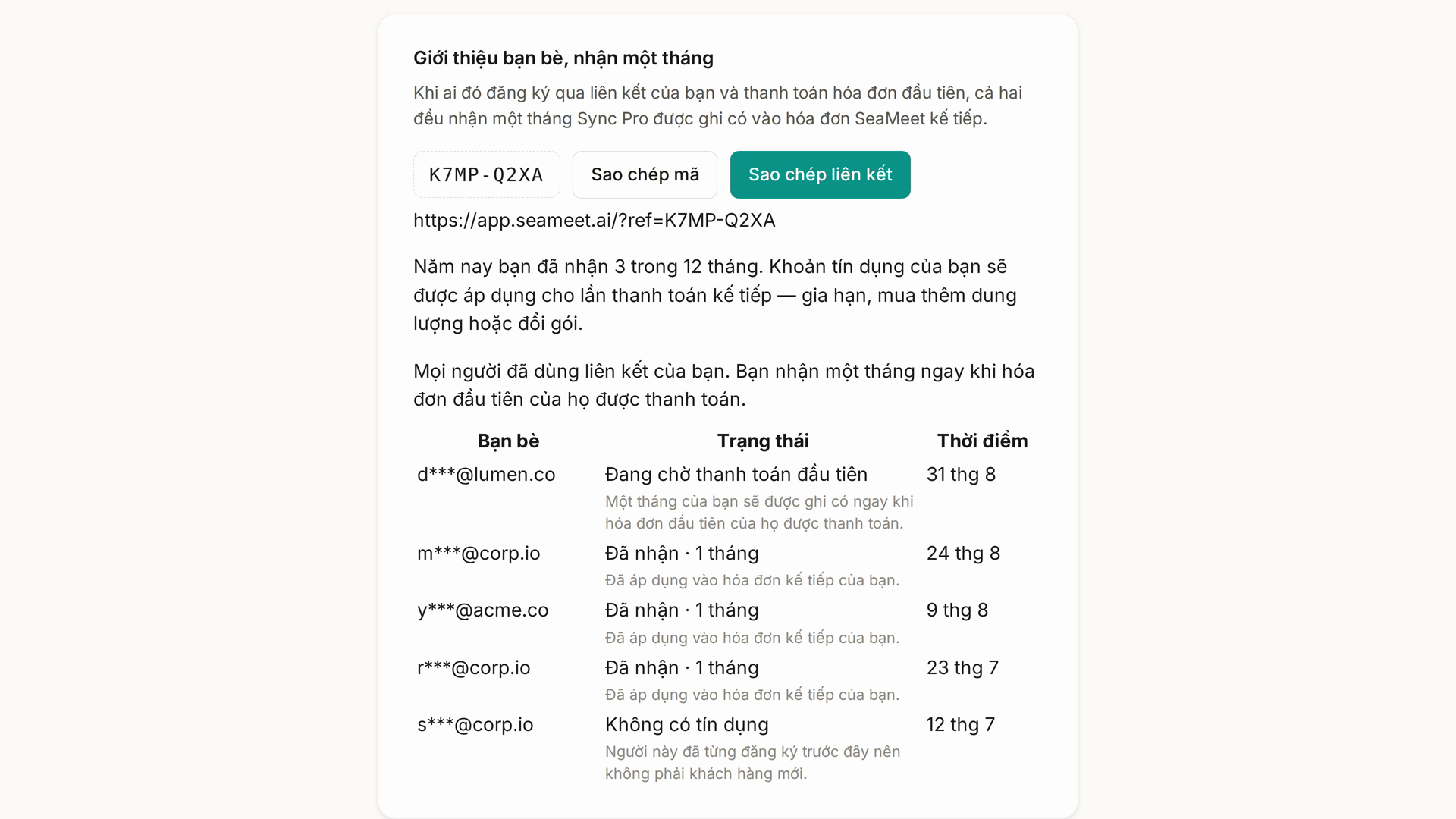 Giới thiệu bạn bè trên trang tài khoản: mã giới thiệu, Sao chép mã và Sao chép liên kết, số tháng đã nhận được, và lịch sử tất cả những ngư