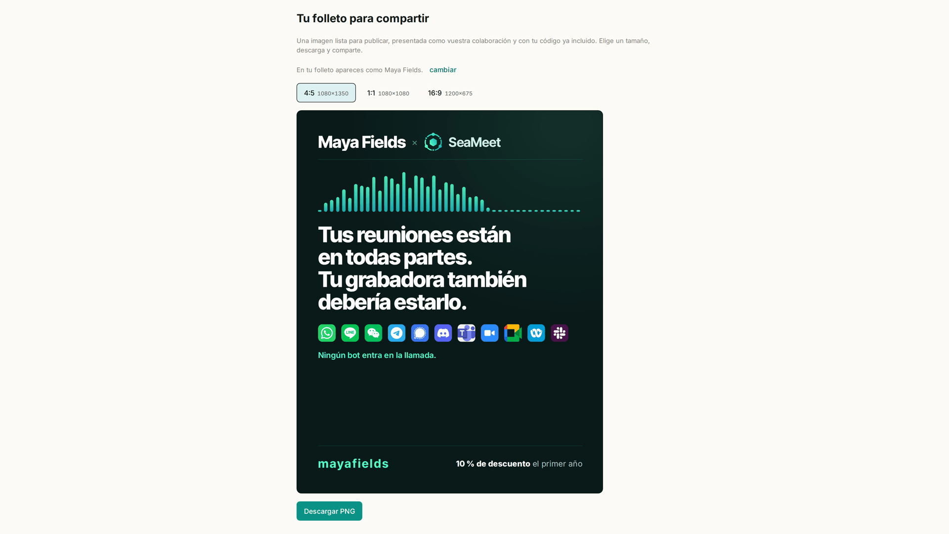 El cartel de afiliado listo para compartir: el nombre del creador junto al logo de SeaMeet, el descuento para su audiencia y el selector de tamaño 4:5 / 1:1 / 16:9 sobre el botón de descarga