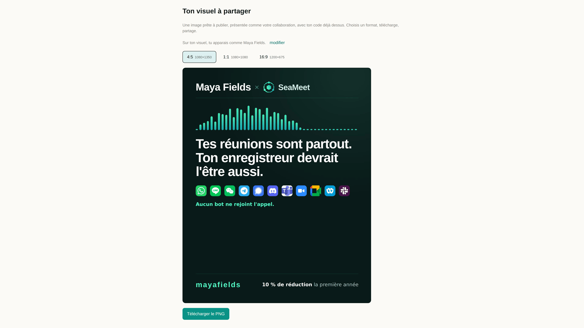 L’affiche d’affilié prête à partager : le nom du créateur avec le logo SeaMeet, la réduction pour son audience, et le sélecteur de format 4:5 / 1:1 / 16:9 au-dessus du bouton de téléchargement